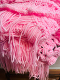 ORNATE LARGE BUBBLEGUM PINK HANDMADE AFGHAN BLANKET WITH TASSELS