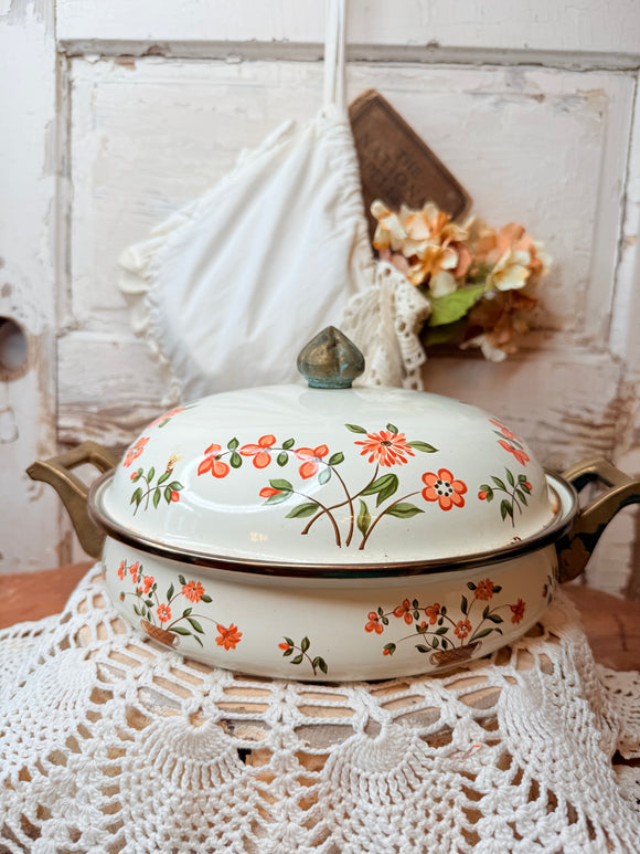 VINTAGE ENAMEL AND BRASS CASSEROLE