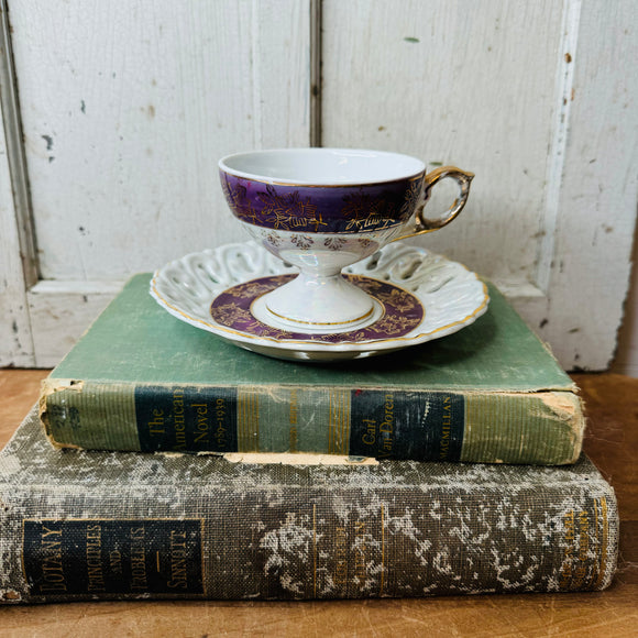 VINTAGE NAPCO TEACUP AND SAUCER SET - PURPLE AND GOLD