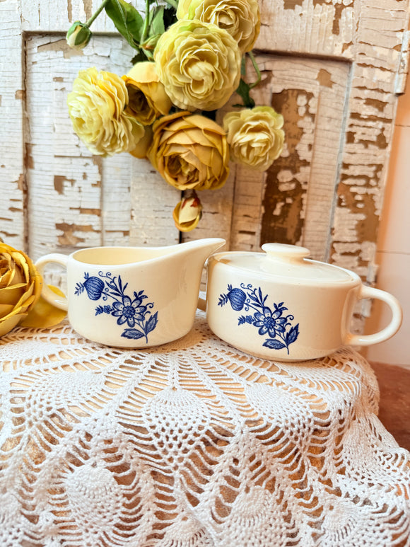 BLUE ONION IRONSTONE CREAMER AND SUGAR SET