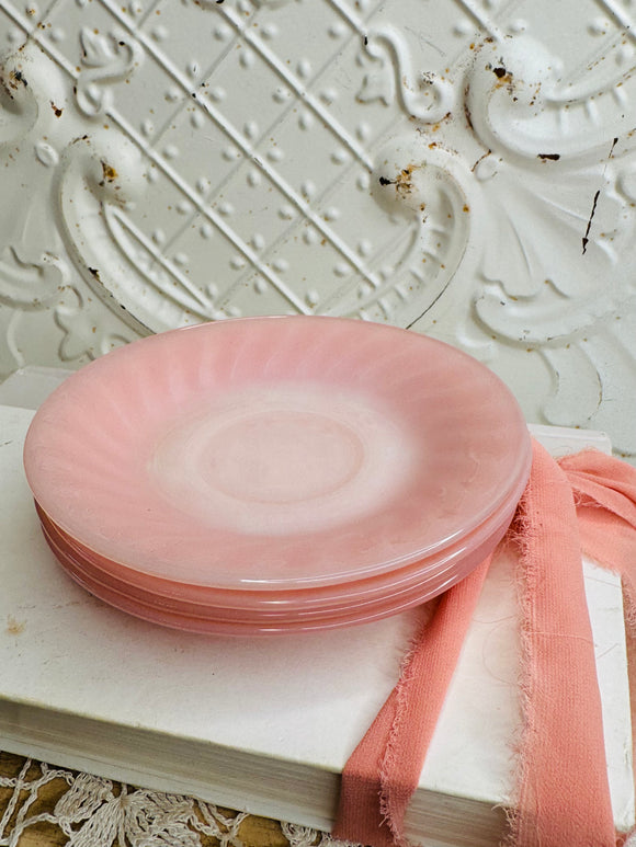 SET OF 4 FIREKING VINTAGE PINK SWIRL MILK GLASS SAUCERS - 2 SETS AVAILABLE