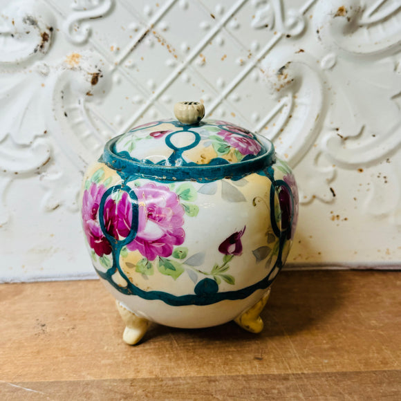 VINTAGE PAINTED FOOTED BISCUIT JAR
