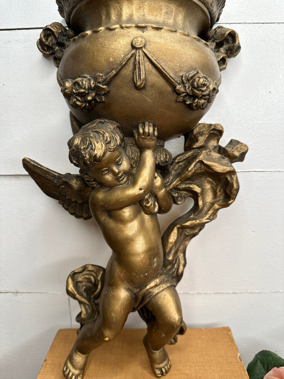 VINTAGE GOLD GILT CHERUB WALL POCKET