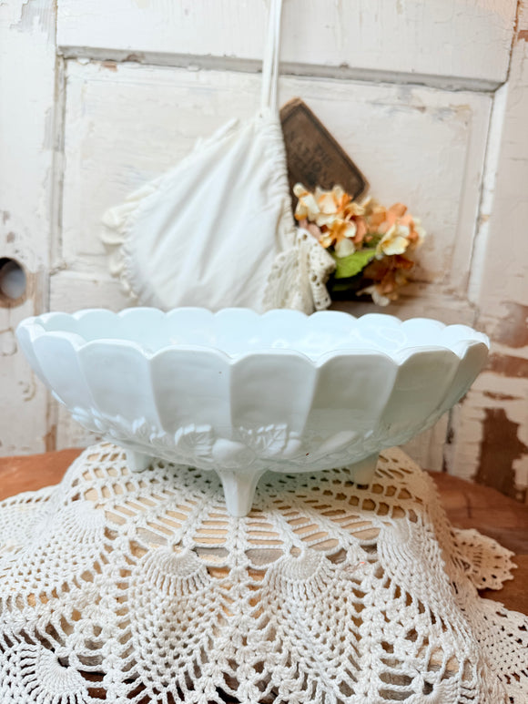VINTAGE MILK GLASS HARVEST FOOTED BOWL