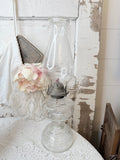 VINTAGE ORNATE GLASS LARGE OIL HURRICANE LAMP