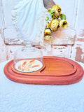 VINTAGE WOOD TEAK AND GLASS CHEESE AND CRACKERS SERVING TRAY WITH CLOCHE
