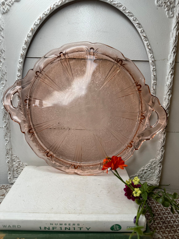 PINK DEPRESSION GLASS ETCHED VINTAGE HANDLED PLATE