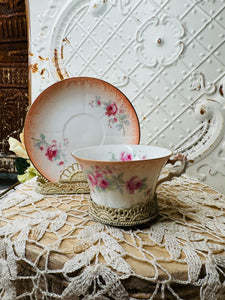 TEACUP AND SAUCER SET VINTAGE - PINK ACCENTS