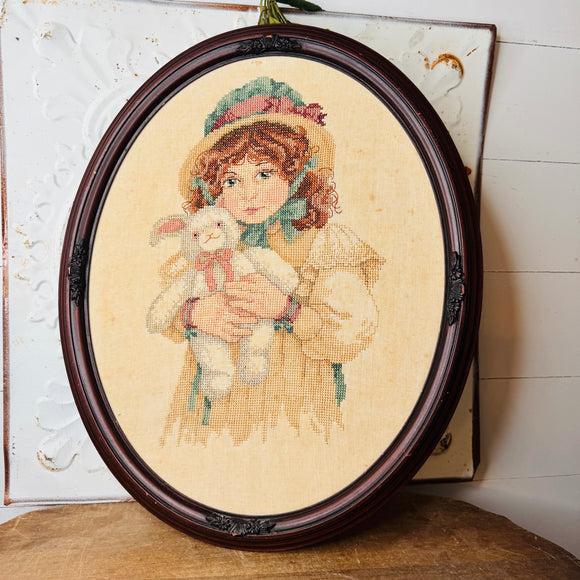 LARGE VINTAGE OVAL WOOD FRAMED CROSS STITCH GIRL WITH BUNNY