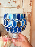 VINTAGE COBALT BLUE MOSAIC GOBLET CANDLE HOLDER DECOR