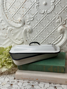 ENAMEL WHITE AND BLACK BUTTER DISH AND LID