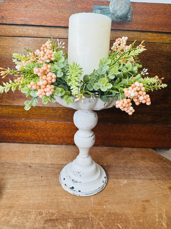 DISTRESSED TALL WHITE FOOTED COMPOTE / CANDLE HOLDER WITH BERRY WREATH RING