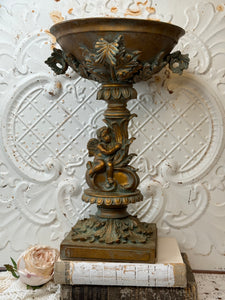 PERFECTLY PATINAD CHERUB LARGE DISH ON PEDESTAL DETAILED