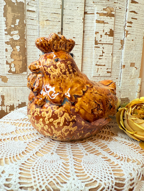 LARGE VINTAGE GLAZED STONEWARE ROOSTER STATUETTE