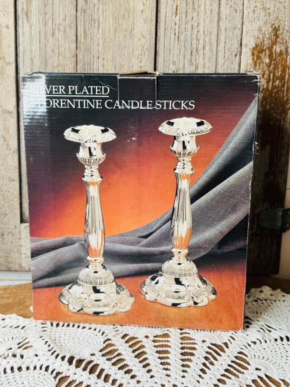 SILVER PLATED FLORENTINE CANDLESTICKS IN ORIGINAL VINTAGE PACKAGING