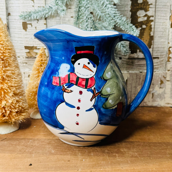 HANDPAINTED VINTAGE POTTERY SNOWMAN PITCHER