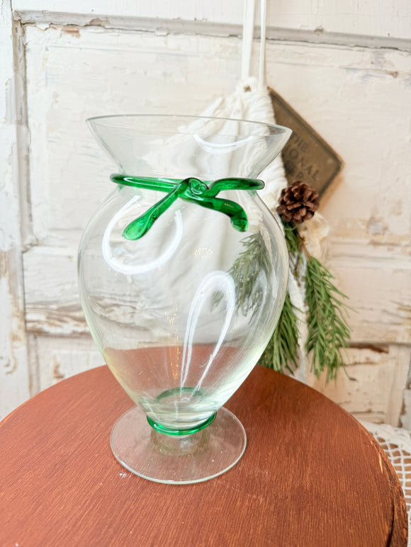 LARGE VINTAGE GLASS GREEN ACCENTED VASE