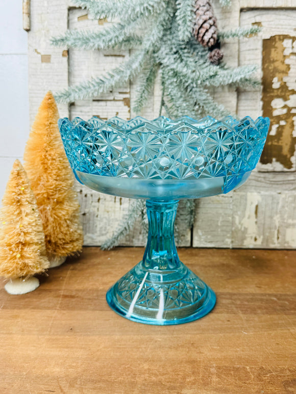 AQUA BLUE GLASS VINTAGE DETAILED COMPOTE