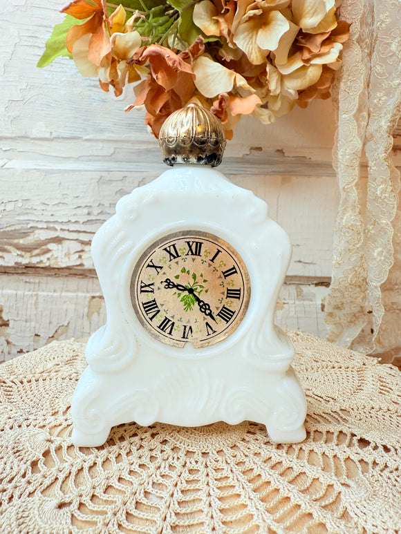 ORNATE MILK GLASS CLOCK VINTAGE AVON BOTTLE