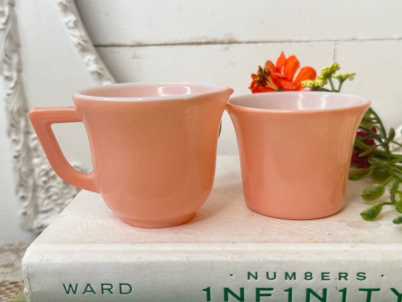 HAZEL ATLAS VINTAGE CORAL CREAMER AND SUGAR BOWL SET