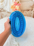VINTAGE BLUE GLASS OVAL DETAILED DISH