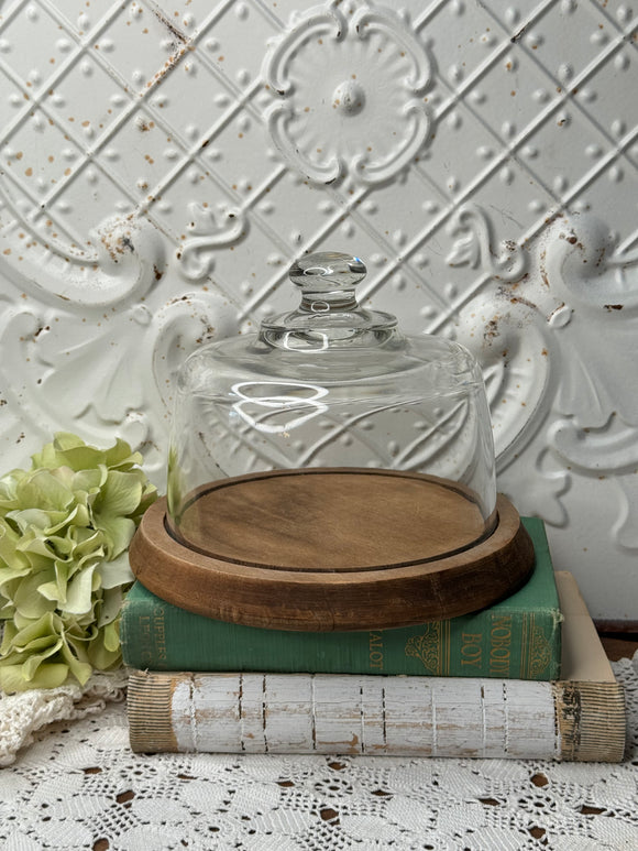 VINTAGE WOOD AND GLASS CLOCHE AND PLATE