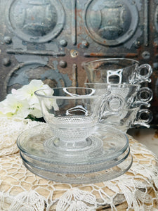 SET OF 4 HOBNAIL DETAILED GLASS VINTAGE PLATES AND TEACUPS - 2 SETS AVAILABLE