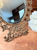 1800S OVAL ANTIQUE BRASS ORNATE LEAF VICTORIAN MIROOR WITH STAND