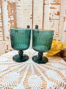 SET OF 2 VINTAGE TEAL MID CENTURY RIBBED ORNATE GLASSES 2 SETS AVAILABLE
