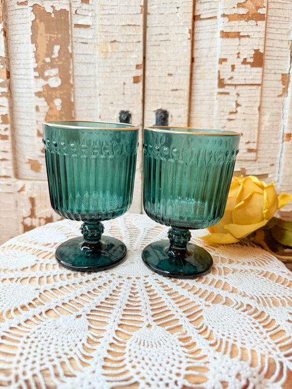 SET OF 2 VINTAGE TEAL MID CENTURY RIBBED ORNATE GLASSES 2 SETS AVAILABLE