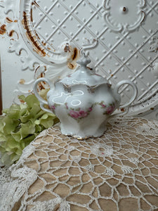 FLORAL SCALLOPED ORNATE VINTAGE JAR AND LID WITH HANDLES