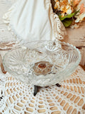 VINTAGE GLASS ORNATE BOWL ON COPPER DETAILED STAND