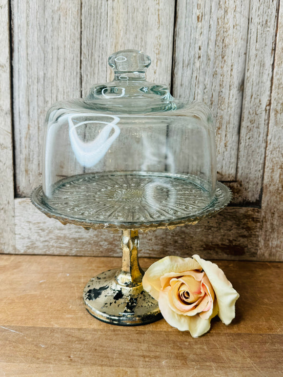 VINTAGE MERCURY GLASS CRYSTAL GLASS CAKE PLATE ON PEDESTAL WITH CLOCHE