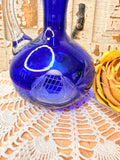 VINTAGE CZECH COBALT BLUE ETCHED ROSE GLASS WITH CRYSTAL TOP CRUET