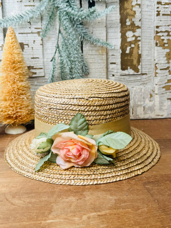 VINTAGE WICKER FLORAL GARDEN HAT