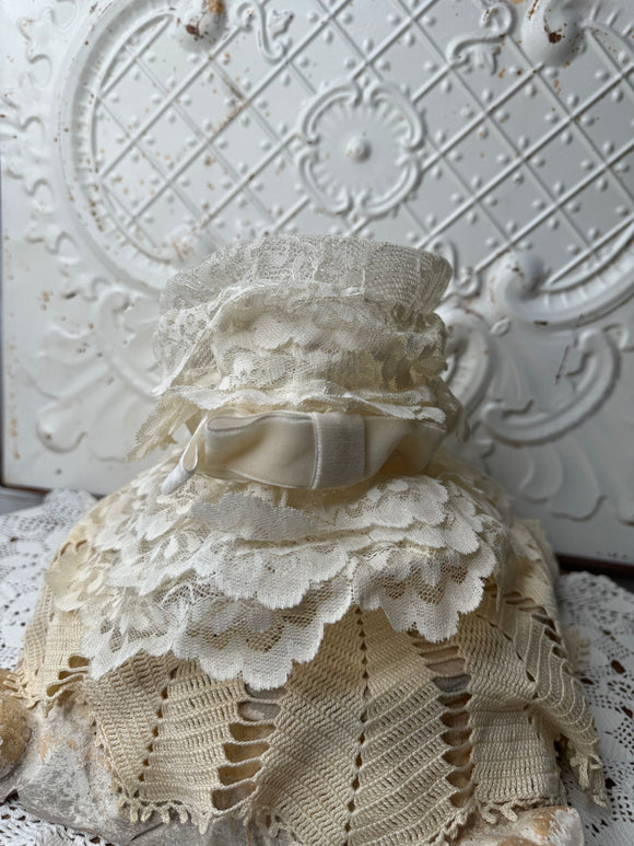 ORNATE WHITE VINTAGE LACE AND VELVET RIBBON HAT