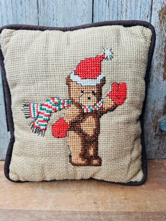 CUSTOM VINTAGE NEEDLEPOINT TEDDY SANTA PILLOW
