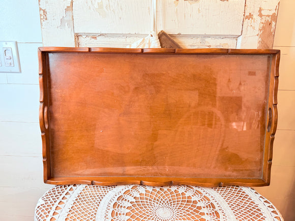 XXL ANTIQUE MAPLE TRAY WITH GLASS INSERT