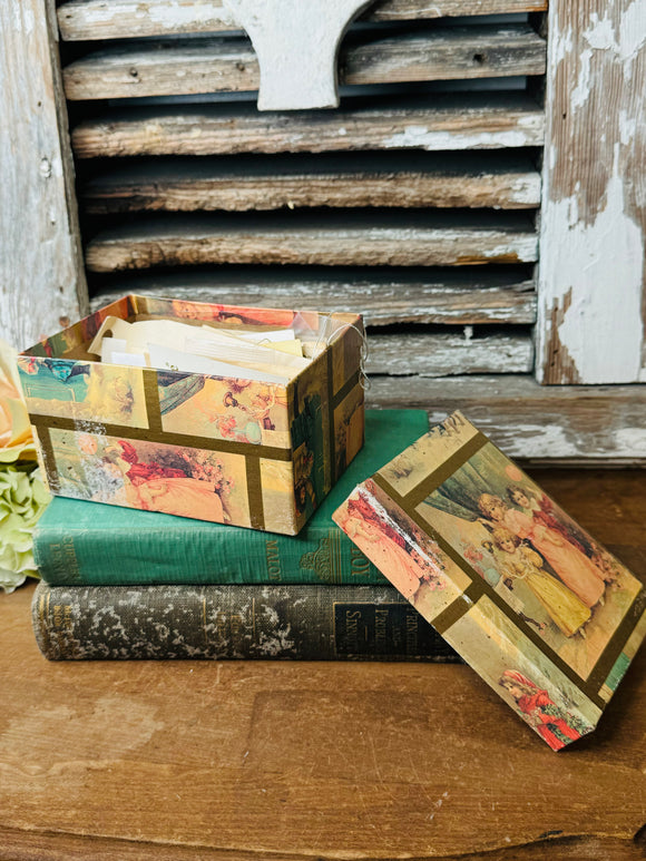 PASTEL VICTORIAN STYLE ANTIQUE BOX FILLED WITH ANTIQUE BUTTONS