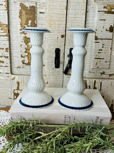 SET OF PORCELAIN AND FLOW BLUE ANTIQUE CANDLESTICK HOLDERS