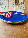 SET OF 3 BLUE VINTAGE SPECKLED ENAMEL PLATES