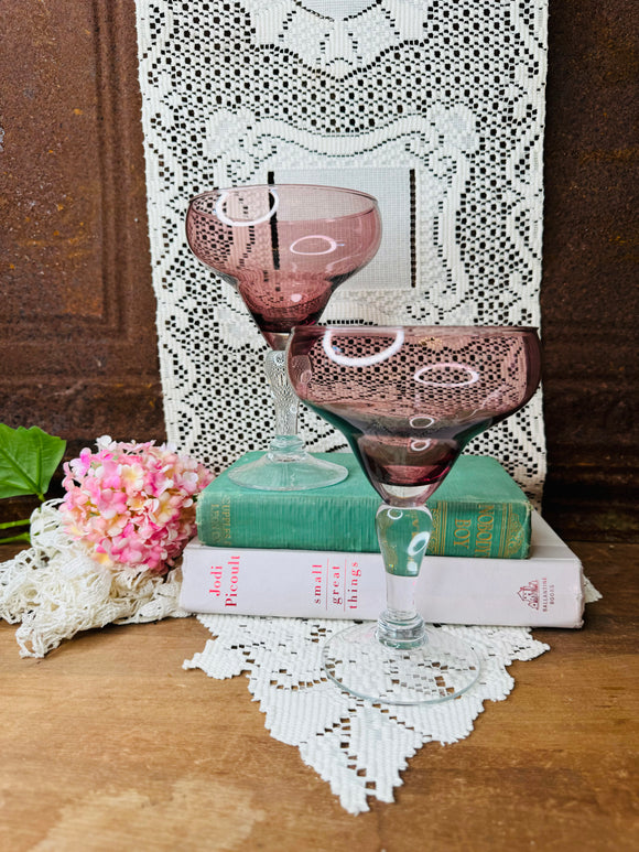 PAIR OF MAUVE HANDBLOWN GLASS MARGARITA / COCKTAIL GLASSES