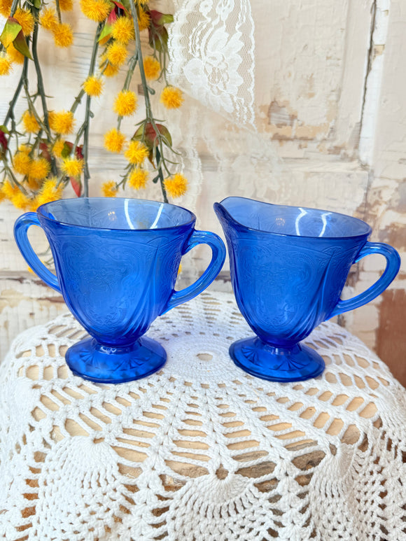 VINTAGE HAZEL ATLAS LACE COBALT BLUE SUGAR AND CREAMER SET