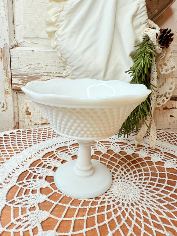 LARGE VINTAGE MILK GLASS HOBNAIL COMPOTE