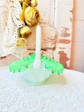 VINTAGE RARE FENTON SEA GREEN WITH WHITE BEADED OVERLAY BASKET