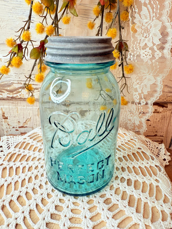 AUTHENTIC TEAL LARGE ANTIQUE BALL MASON JAR