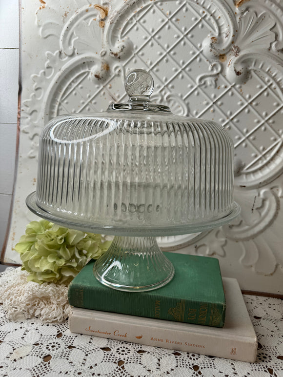 VINTAGE GLASS CAKE PLATE ON PEDESTAL AND CLOCHE RIBBED