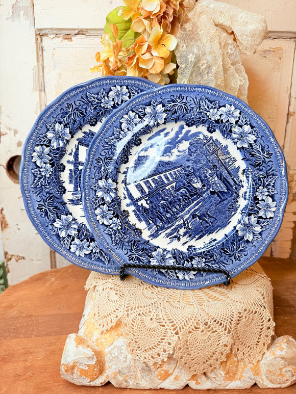 VINTAGE STAFFORDSHIRE ROYAL TUDOR BLUE TRANSFERWARE DINNER PLATES SET OF 2 - 2 AVAILABLE