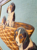 PUPPIES IN A BASKET HANDMADE FRAMED VINTAGE ART