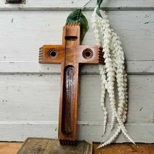 VINTAGE WOODEN CRUCIFIX CANDLE AND HOLY WATER HOLDER